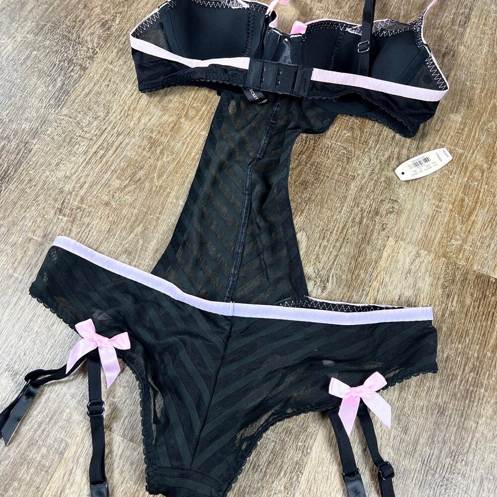 Y2K NEW Victorias Secret Sexy Little Things Vintage garter teddy Black pink dot - Picture 9 of 9